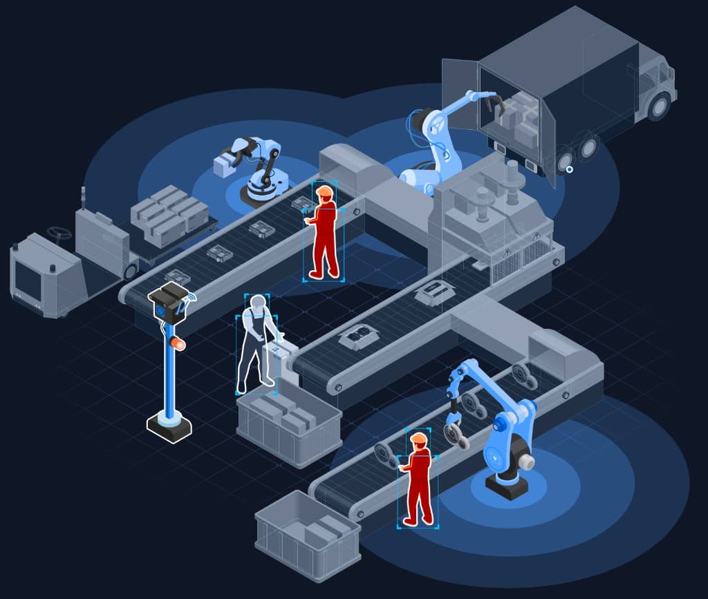 Isometric illustration of a smart factory with robotic arms, conveyor belts, and human workers coordinated through AutoDuck fleet orchestration
