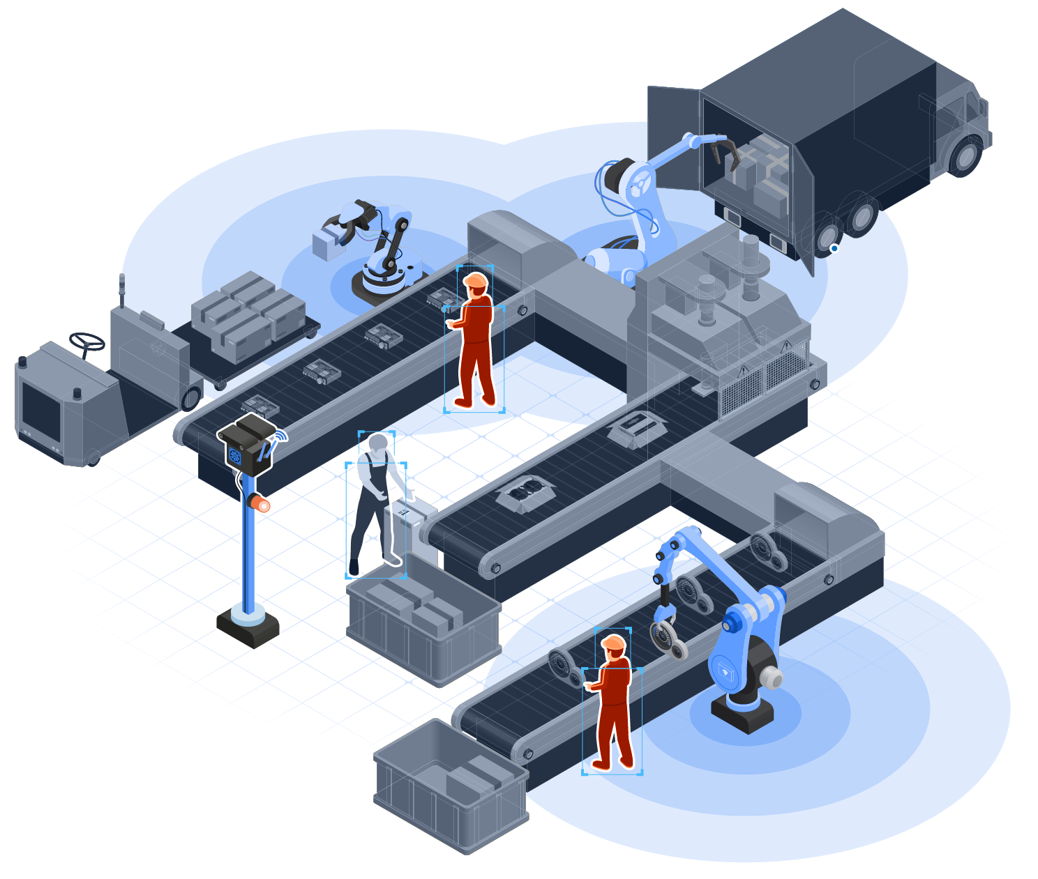 InnoTech isometric illustration of autonomous robotics and fleet systems